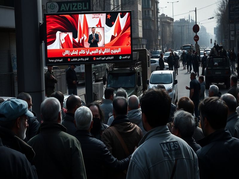 A tense street scene in Iran, depicting protesters with flags, police presence, and a backdrop of urban architecture, conveyi