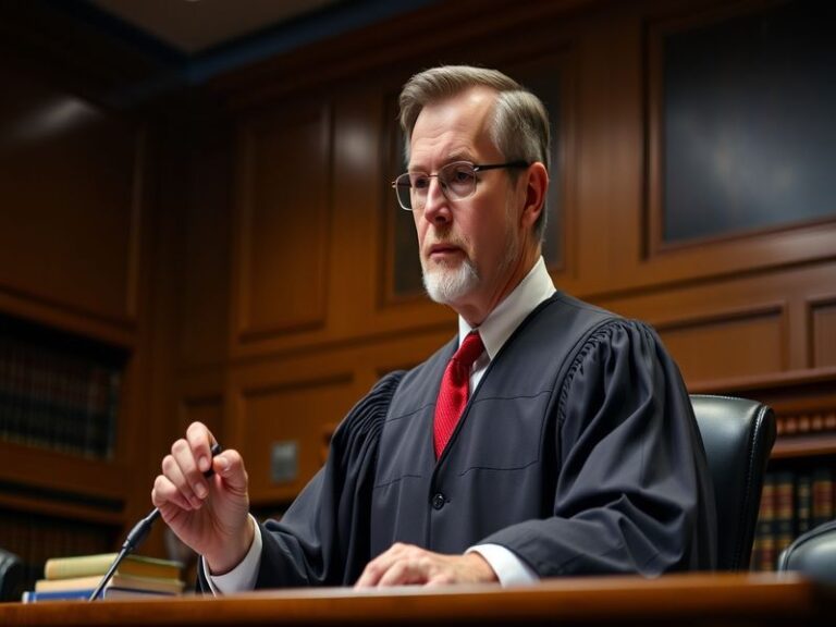 A portrait of Judge Nathan Milliron in his courtroom, surrounded by legal books and a gavel, conveying a sense of authority a