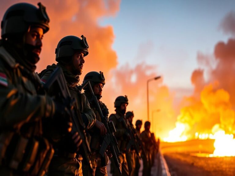 A tense scene depicting Iranian military forces in action, with a backdrop of urban unrest, highlighting the complex atmosphe