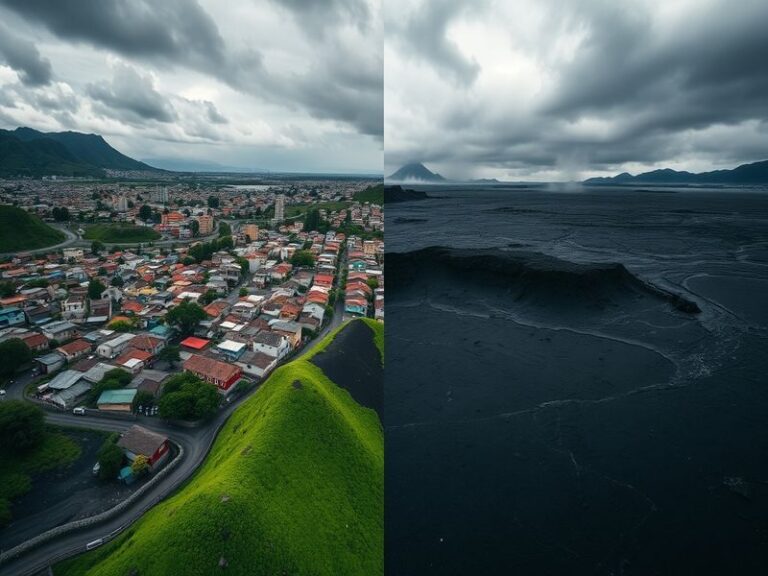 A split image showcasing the vibrant streets of Haiti filled with colorful art and a serene landscape of Iceland featuring gl