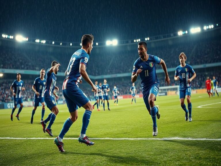 An action shot from a football match between Bosnia and Herzegovina and Italy, showcasing players in dynamic motion, with fan