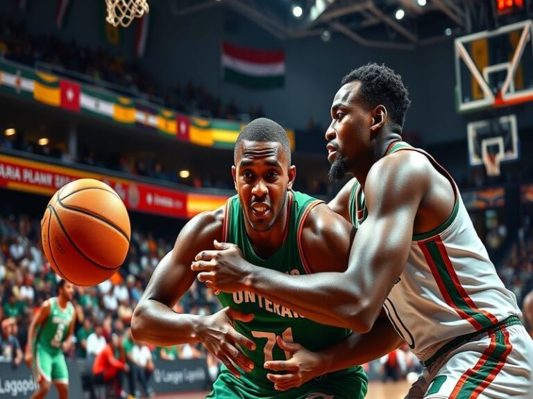 An action shot from the Jordan vs Nigeria match, showcasing players in vibrant jerseys, with fans in the background celebrati