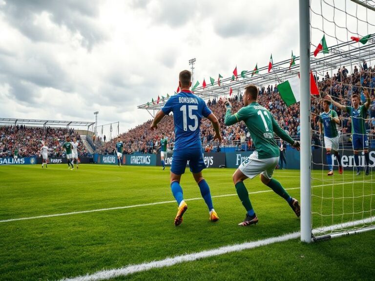 An intense football match between Bosnia and Herzegovina and Italy, showcasing players in action, fans cheering, and national