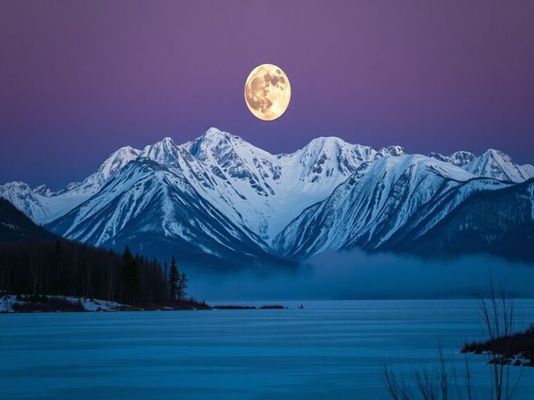 A serene landscape at night featuring the bright Pink Moon illuminating the sky, surrounded by blooming flowers and silhouett