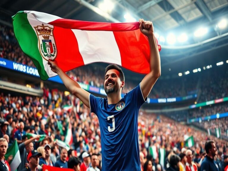 A vibrant image of the Italy national football team celebrating a victory, showcasing players in blue jerseys with the Italia