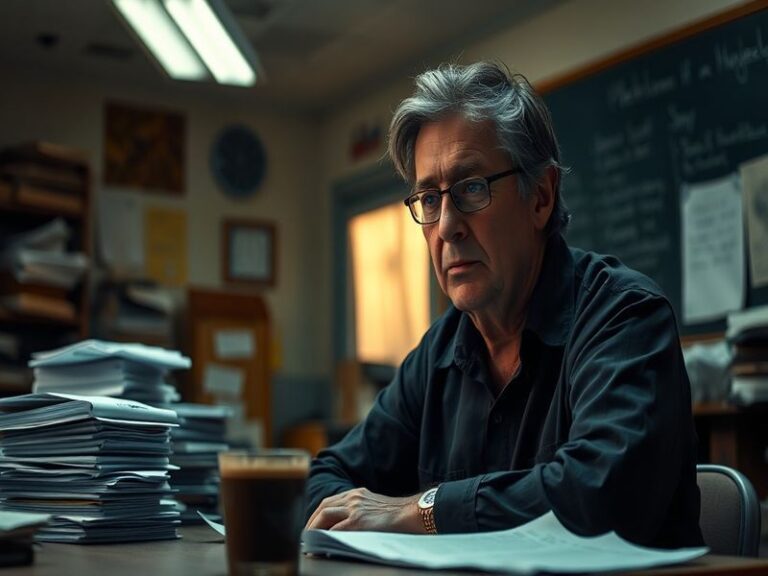 A dramatic still from The Teacher featuring the lead characters in a tense classroom setting, highlighting their emotional ex