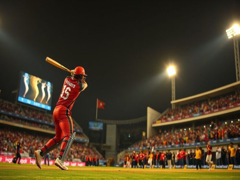 An action shot of a Gujarat Titans player hitting a six against the Punjab Kings, capturing the intensity and excitement of a