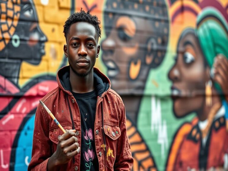 A vibrant art piece by Somto Cyril showcasing a blend of traditional and modern elements, set in an exhibition space filled w