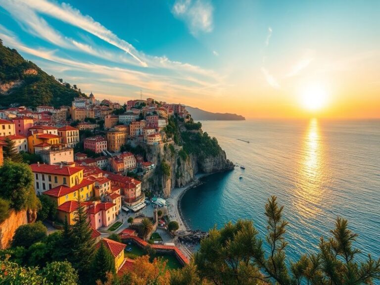 A scenic view of the Amalfi Coast with colorful cliffside villages, azure waters, and a clear blue sky, evoking a sense of tr