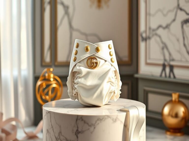 A high-end diaper bag featuring Gucci's iconic designs, set against a minimalist background, conveying luxury and modern pare