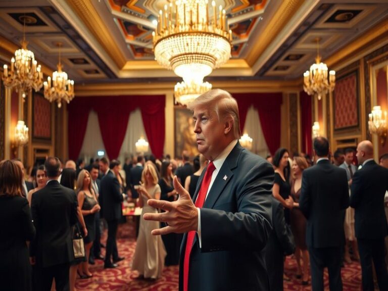 An opulent ballroom setting featuring elegant chandeliers, luxurious decor, and guests mingling, reflecting the grandeur of e