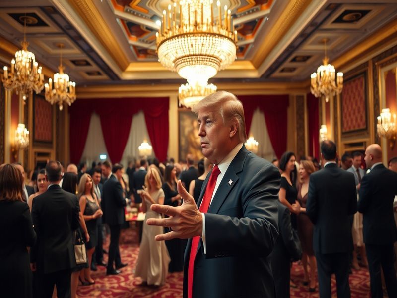 An opulent ballroom setting featuring elegant chandeliers, luxurious decor, and guests mingling, reflecting the grandeur of e