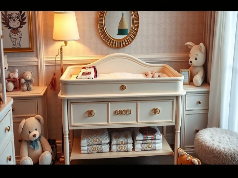 An elegant display of Gucci diapers showcasing their distinctive patterns and branding, set against a chic nursery backdrop.