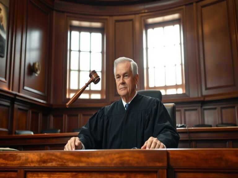 A portrait of Judge Richard Leon in a courtroom setting, conveying a serious atmosphere with books and legal documents in the