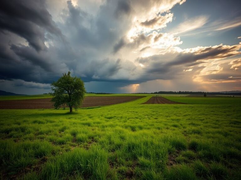 O imagine cu un peisaj urban sau rural sub un cer variat, cu nori și soare, ilustrând schimbările vremii.