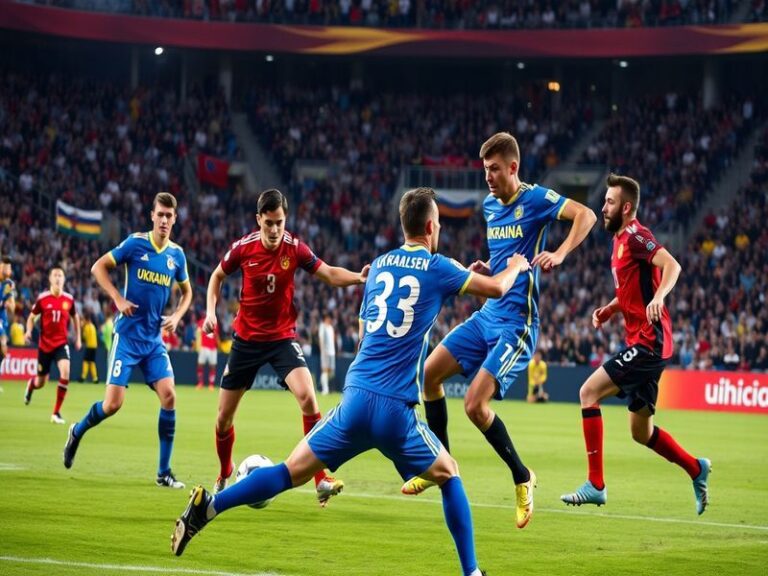 A vibrant soccer stadium filled with passionate fans from Ukraine and Albania, displaying flags and banners, creating an elec