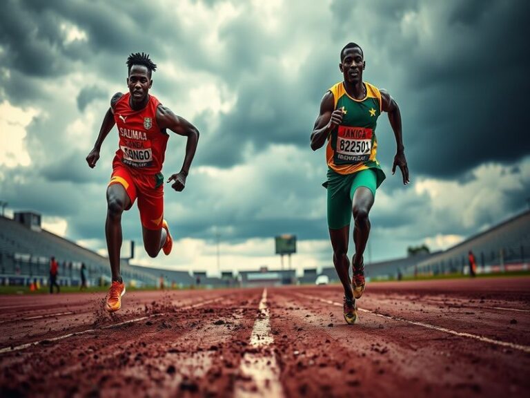 An action shot of a football match between DR Congo and Jamaica, showcasing players in vibrant jerseys, dynamic movements, an