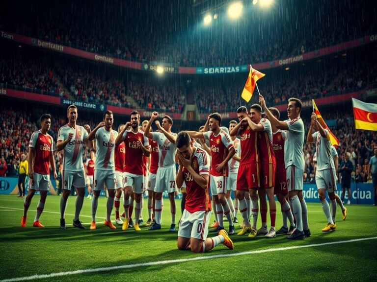 An action shot of España FC players celebrating a goal, showcasing team spirit in a packed stadium with fans waving flags.