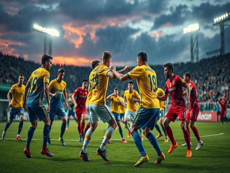 A vibrant stadium filled with Ukrainian and Albanian fans, showcasing flags, banners, and passionate supporters during the ma