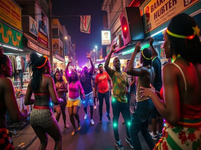 A vibrant collage showcasing Congolese and Jamaican musicians performing together, with traditional instruments and dancers i