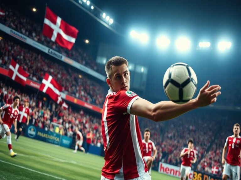 An action-packed football match scene showing Danish players in their national jerseys, engaged in a competitive game against