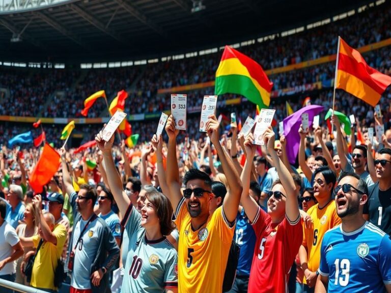 A vibrant stadium filled with enthusiastic fans waving flags and holding tickets, capturing the excitement of the World Cup a