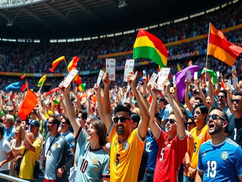 A vibrant stadium filled with enthusiastic fans waving flags and holding tickets, capturing the excitement of the World Cup a