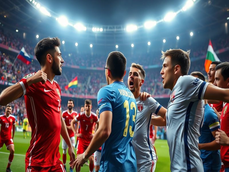 An intense football match scene showcasing players in action during a qualifying playoff, with fans cheering in the backgroun