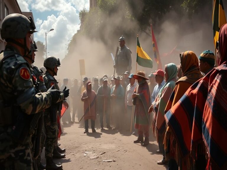 A vibrant celebration of Carnaval de Oruro featuring traditional dancers in colorful costumes against the backdrop of Bolivia