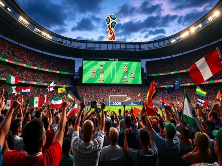 A vibrant image showcasing fans from the USA, Canada, and Mexico celebrating together, with flags and face paint, in a stadiu