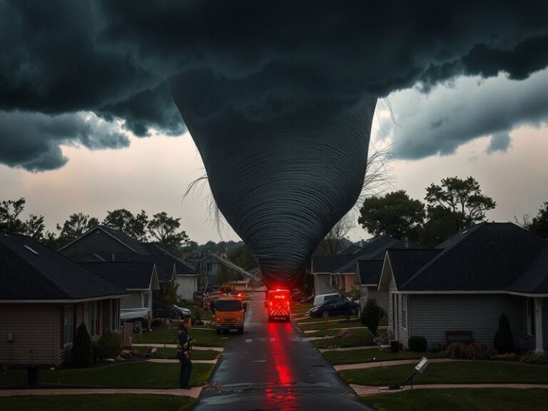 A dramatic image of a tornado forming over a Cleveland skyline, capturing the ominous clouds and the urban landscape below.
