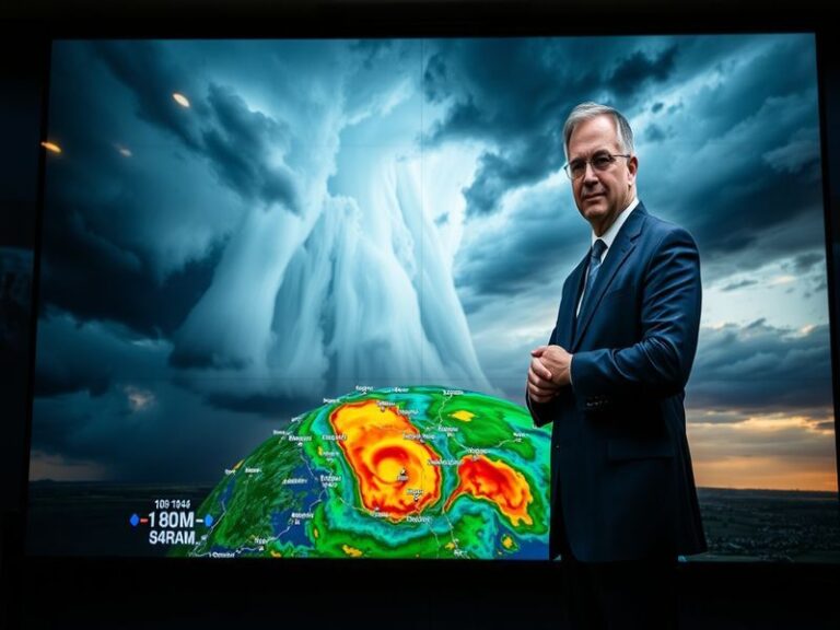 A meteorologist presenting a weather forecast on a digital screen, with Cleveland's skyline in the background, showcasing a m