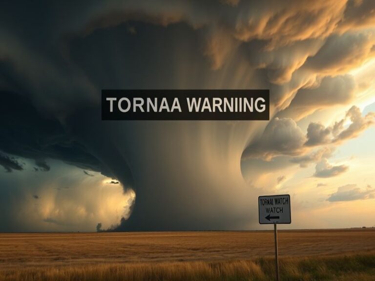 A dramatic image of a tornado forming in the background with dark storm clouds, highlighting the urgency and danger of severe