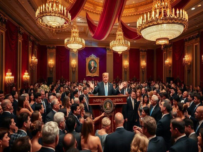 A lavish ballroom setting featuring ornate chandeliers, elegant decor, and a luxurious ambiance, ideal for high-profile event