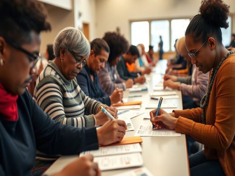 A visual representation of mail-in voting, featuring a ballot envelope, a mailbox with ballots, and a diverse group of voters