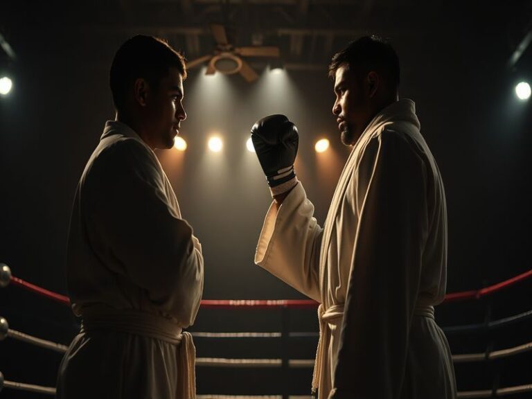 A dramatic still from Creed III featuring Adonis Creed in the boxing ring, showing intense focus and determination against a