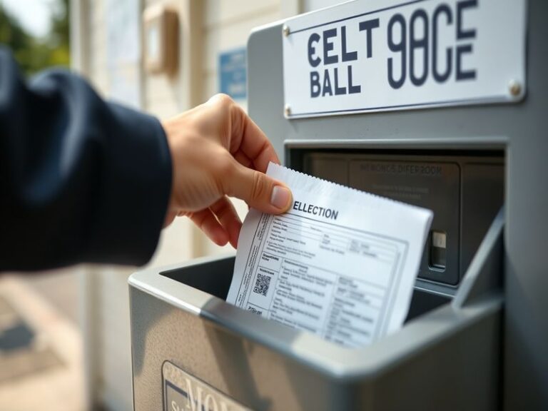 An image of a mail-in ballot being filled out, with a pen and an envelope on a wooden table, conveying a sense of civic duty