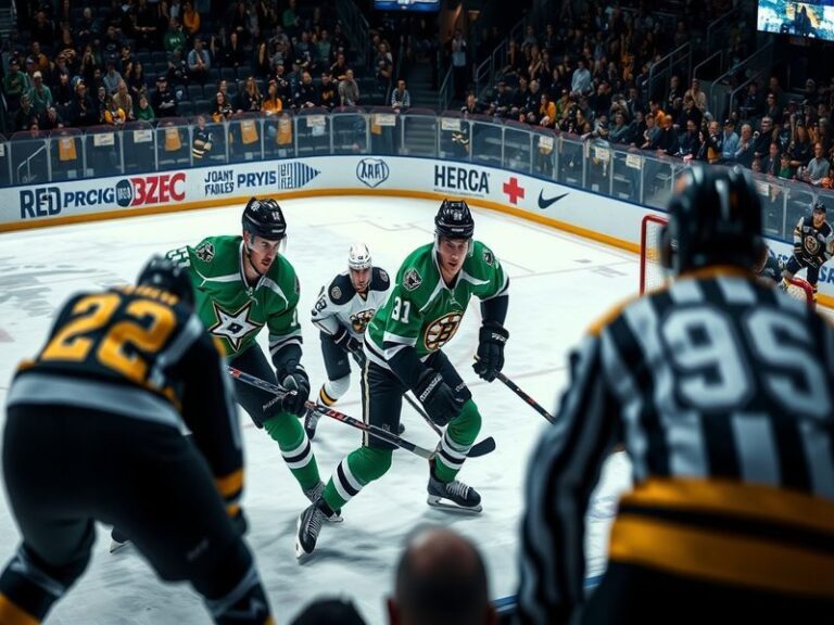 An action shot of the Dallas Stars and Boston Bruins players battling for the puck on the ice, capturing the intensity and sp