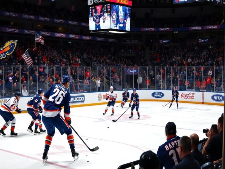 An action-packed image of an Islanders vs Sabres game, showcasing players in intense competition, the crowd cheering, and the