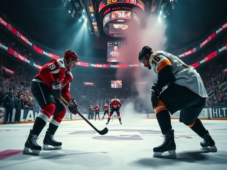 A vibrant scene from a Flyers vs Capitals game, showcasing fans in team colors, the intensity of the players on the ice, and