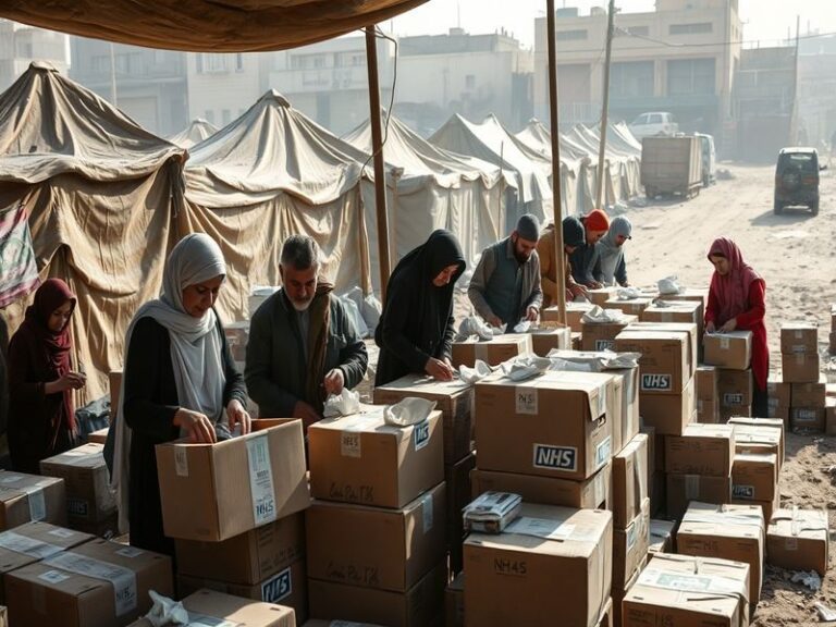 An image depicting medical supplies being delivered in a war-torn area, showcasing both urgency and humanitarian efforts.
