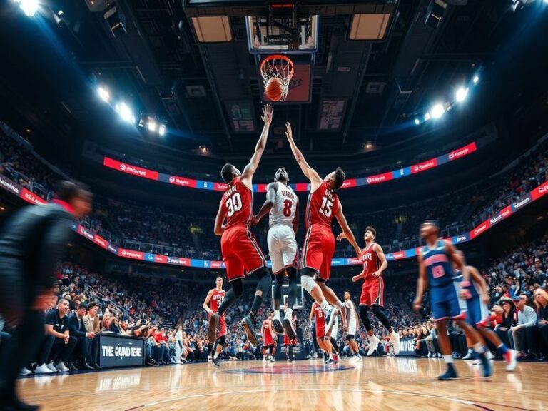 An action shot of a Raptors vs. Pistons game, showcasing players in dynamic motion, with fans in the background cheering pass