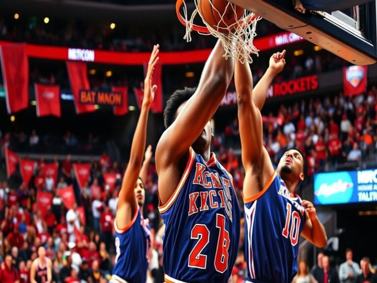 A vibrant scene from a Knicks vs Rockets game showcasing players in action, fans cheering, and the electric atmosphere of a p