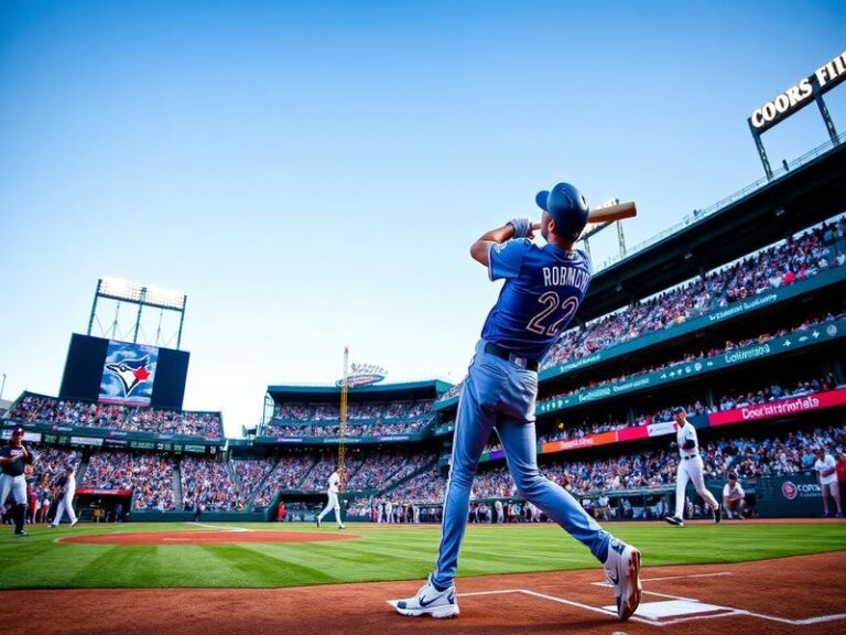 A vibrant image capturing a Rockies vs. Blue Jays game at Coors Field, showcasing fans in team colors, the excitement of the
