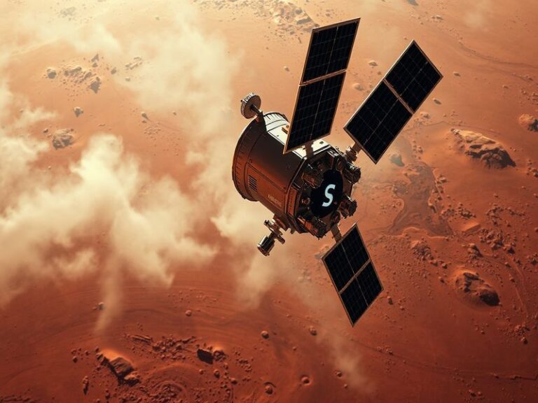 A visual representation of the Mars Climate Orbiter in space, showcasing its sleek design against the backdrop of Mars and th