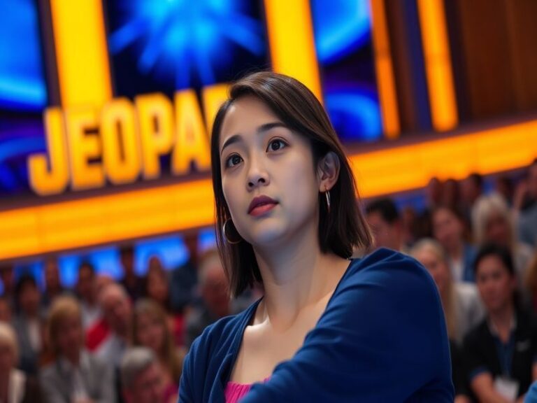 A dynamic shot of Jamie Ding during a Jeopardy! episode, showcasing his focused expression and the iconic game board in the b