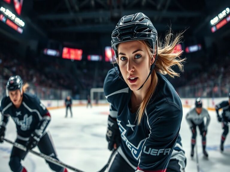 An action shot of Megan Keller on the ice, showcasing her determination and skill while playing for the national team.