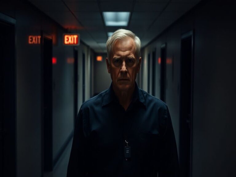 A dramatic still from NCIS featuring Director Vance in his office, surrounded by case files, conveying a sense of urgency and