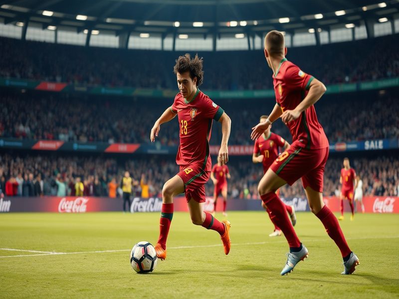 A dynamic action shot of João Félix dribbling the ball on the pitch, showcasing his agility and focus during a match.