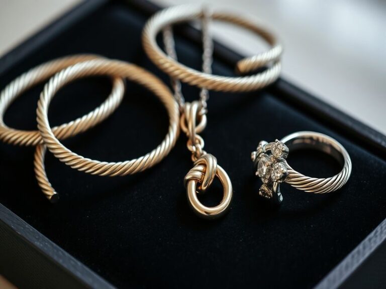 An elegant display of David Yurman jewelry pieces, showcasing intricate designs and a luxurious setting.